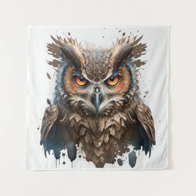 Owl Portrait Animal Painting Wildlife Outdoors Art Tapestry (Front)