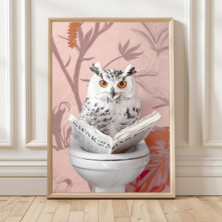 Owl Reading on Toilet  Print,  Bathroom Owl Print 