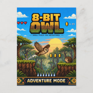 Owl, Retro 8-Bit Pixel Art Postcard