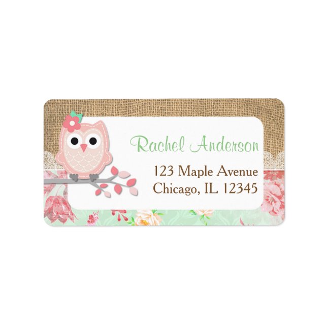 Owl return address labels, shabby chic burlap label (Front)