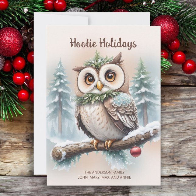 Owl Rustic Christmas "Hootie Holidays" Holiday Card ("Hootie Holidays" owl watercolor painting Christmas holiday greeting card.)