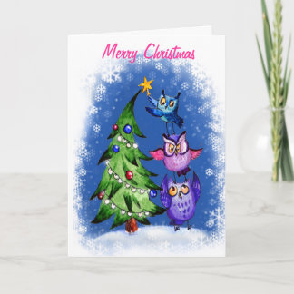 OWl`s Christmas blue Holiday Card