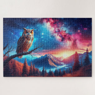 Owl’s Night Watch, Mountain Range, Watchful Owl Jigsaw Puzzle