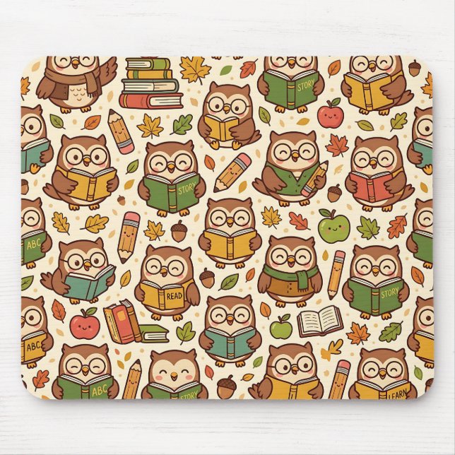 Owl School Mousepad – Autumn Pattern Cute Design (Front)
