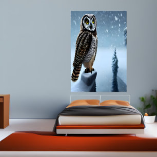 Owl sitting in the snowy mountain AI Art Poster
