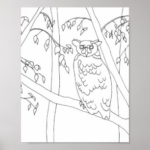Owl sitting in tree, outline for colouring posters