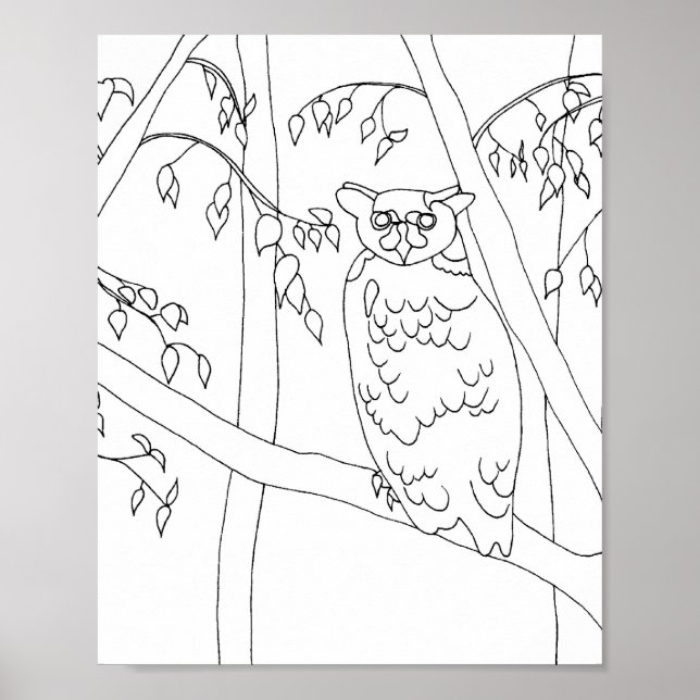Owl sitting in tree, outline for colouring posters (Front)