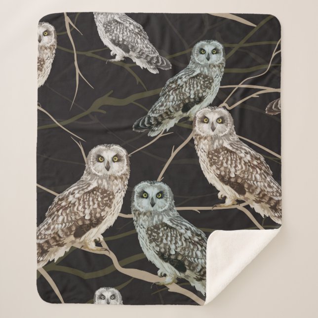 owl sitting on a branch sherpa blanket (Front)