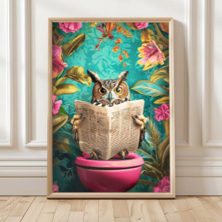Owl Sitting on Toilet Reading a Newspaper Print