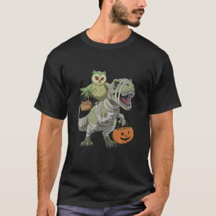 Owl Skeleton Riding Mummy Dinosaur TRex Halloween  T-Shirt