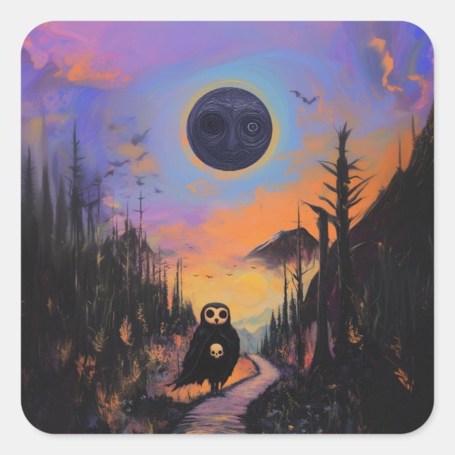 Owl Skull Black Moon Magic Mystical Witchy AI Art Square Sticker (Front)