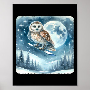 Owl Snowboarding Over Moonlit Snowy Landscape. Sno Poster