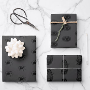 Owl Spider Evil Eye   Black on Grey    Wrapping Paper Sheet