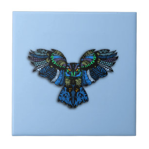 Owl Spreads Wings on Sky Blue Tile