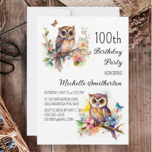 Owl Spring Flowers Butterflies 100th Birthday Invitation