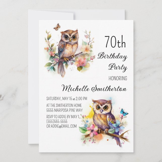 Owl Spring Flowers Butterflies 70th Birthday Invitation (Front)