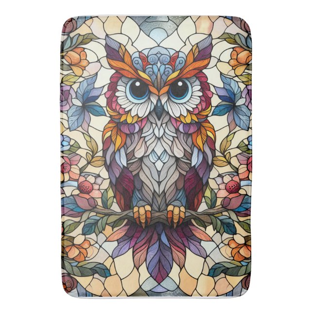 Owl Stained Glass Inspired  Bath Mat (Front Vertical)