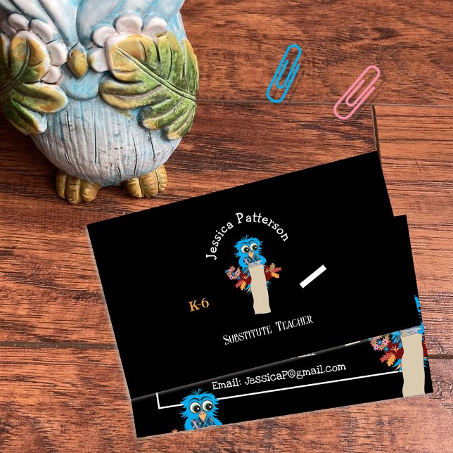 Owl Substitute Teacher Black Contact Cards (Blue owl substitute teacher standard horizontal business cards )