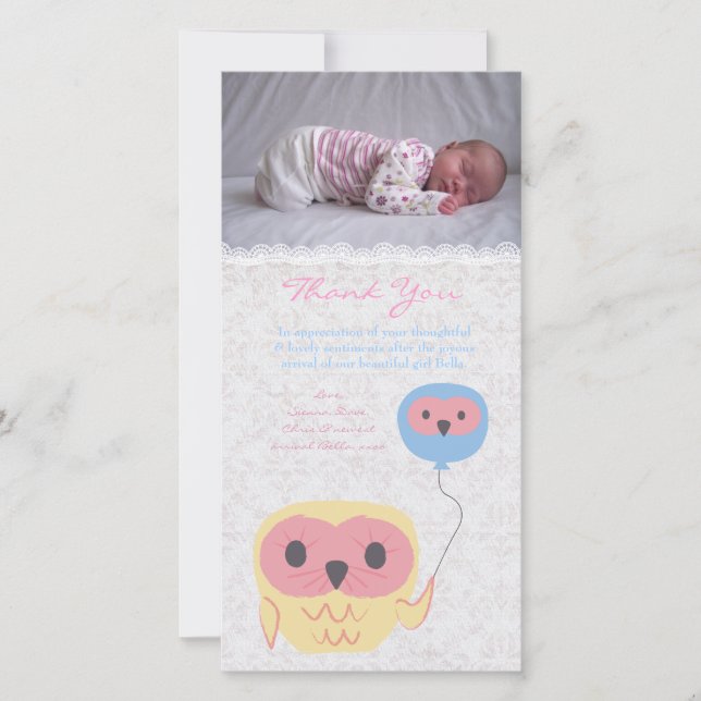 Owl Thank You Note Baby Girl Photo Card Template (Front)