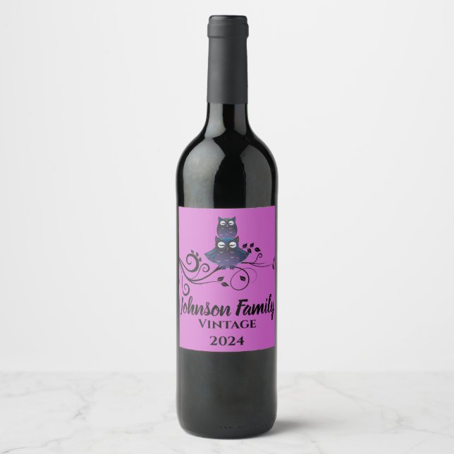 Owl Theme Purple Personalised Wine Bottle Labels (Front)