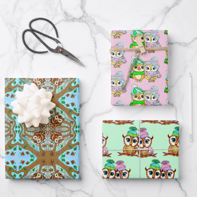 Owl Themed Birthday and Christmas  Wrapping Paper Sheet (Front)