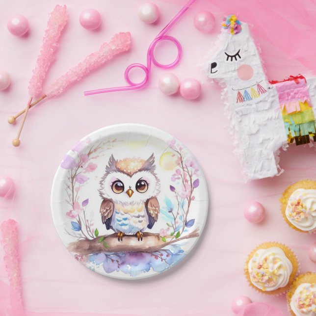 Owl-themed Pink Baby Girl Shower Paper Plate (Party)