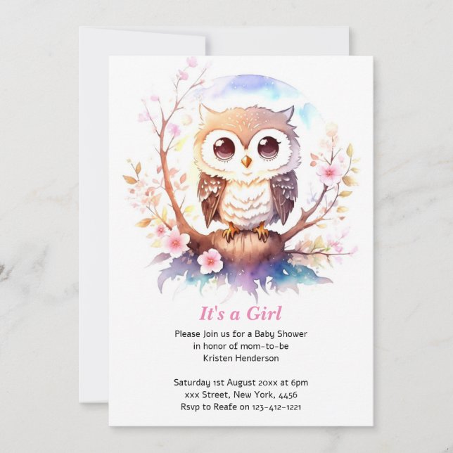Owl-themed Woodland Baby Girl Shower Invitation (Front)
