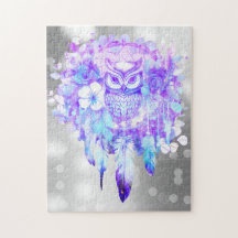 Owl Totem Dreamcatcher Floral Feather Purple Grey