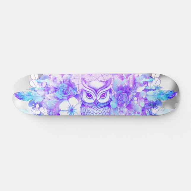 Owl Totem Dreamcatcher Floral Feather Purple Grey Skateboard (Horz)