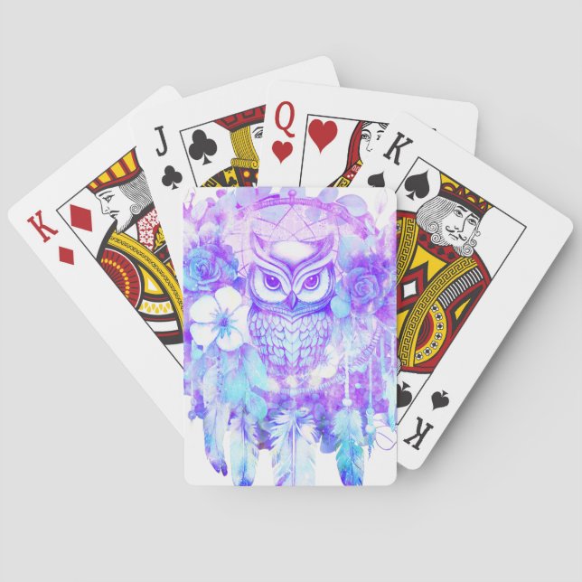 Owl Totem Dreamcatcher Floral Feather Purple Tint Playing Cards (Back)