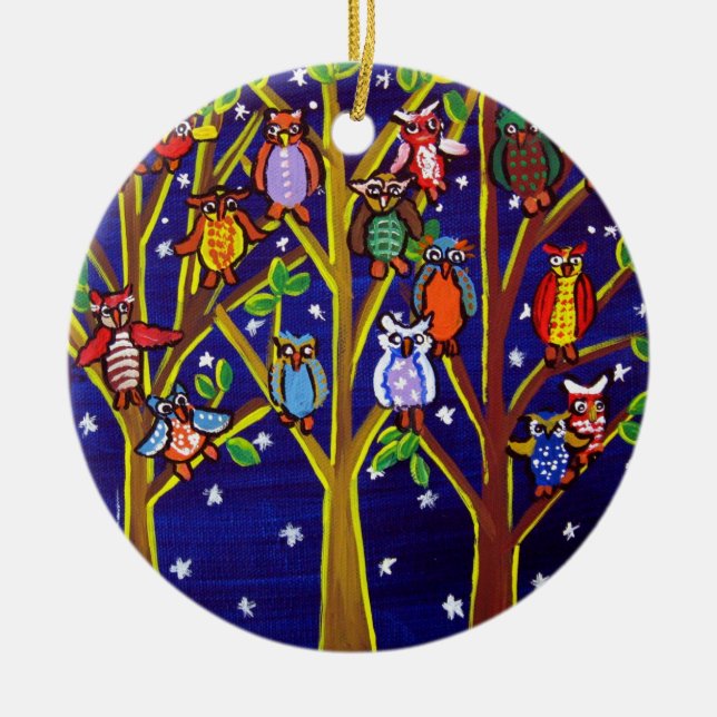 Owl Tree Fun Folk Art Round Ornament (Front)