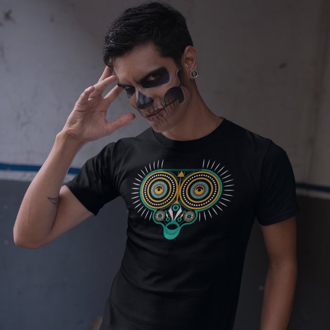 Owl Tribe Ornaments T-Shirt (Men wearing big eye halloween T-shirt in horror makeup)
