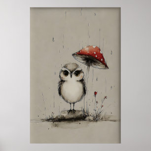Owl Under Mushroom Printable Art, Spring Sketch Poster