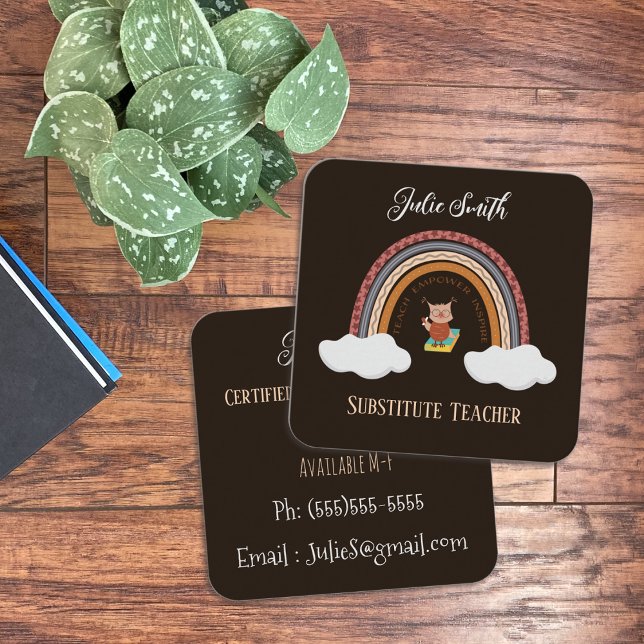 Owl Under Rainbow Substitute Teacher Contact Cards (Owl under a rainbow faux chalkboard substitute teacher business cards)