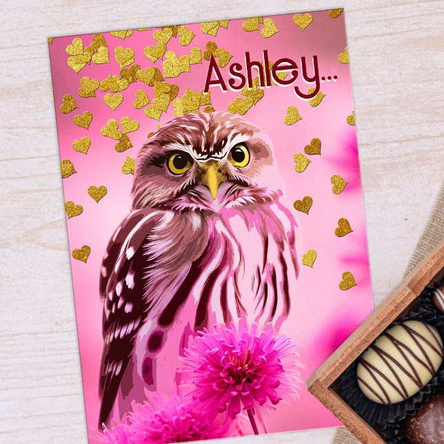 Owl Valentine Cute Pun Girly Pink Gold Heart Funny Holiday Card (Pretty pink owl pun valentine card)