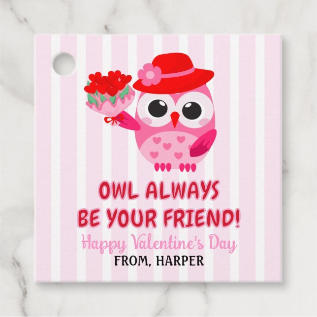 Owl Valentines Pink Hearts Gift Tags (Front)