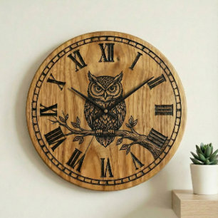 Owl Wall Clock - Wooden Style Design