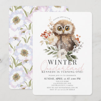 Owl Winter Onederland Girl 1st Birthday Invitation