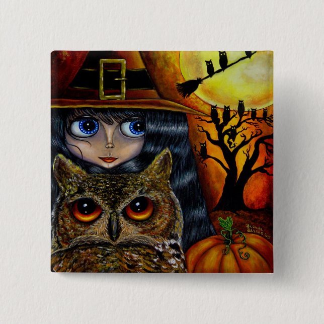 Owl Witch Halloween Button (Front)