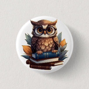 Owl with books 3 cm round badge