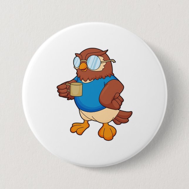 Owl with Coffee mug 7.5 Cm Round Badge (Front)