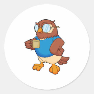 Owl with Coffee mug Classic Round Sticker