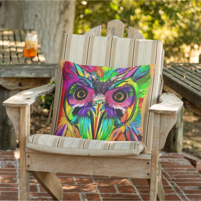 Owl with Colourful Feathers Quirky AI Art Cushion (Chair)