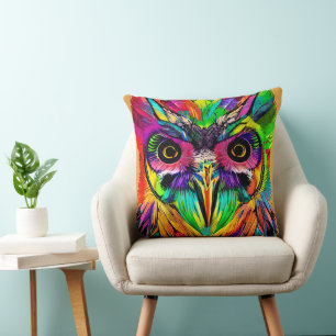 Owl with Colourful Feathers Quirky AI Art Cushion