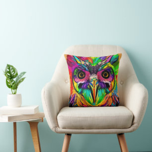 Owl with Colourful Feathers Quirky AI Art Cushion