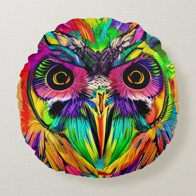 Owl with Colourful Feathers Quirky AI Art Round Cushion (Front)
