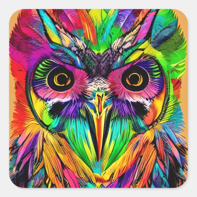 Owl with Colourful Feathers Quirky AI Art Square Sticker (Front)