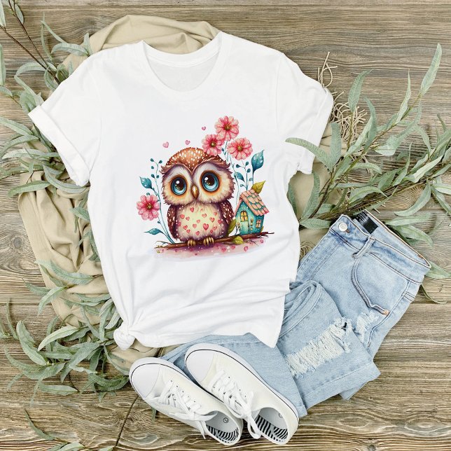  Owl With Flowers and Tiny House T-Shirt (Creator Uploaded)