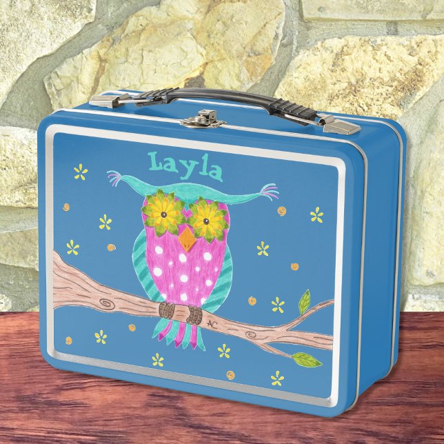 Owl with flowery eyes kid metal lunch box (Cute owl personalized kid lunchbox . Choose your favorite color ! )