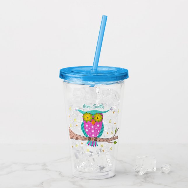 Owl with flowery eyes personalised teacher tumbler (Back Ice)